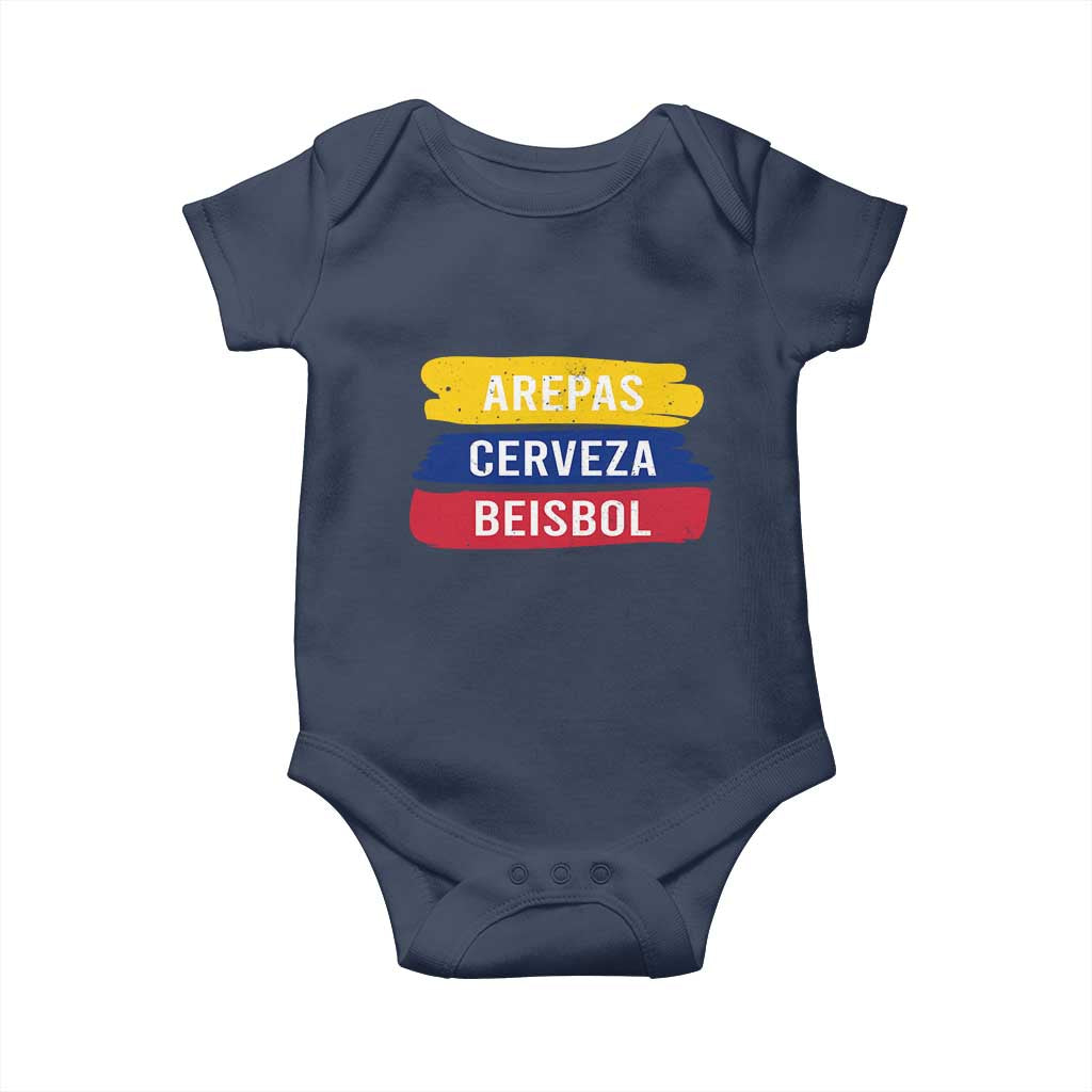 Arepas Cerveza Beisbol Venezuela Things Baby Onesie Funny Latino Food Beer and Baseball Pride TS02 Navy Print Your Wear
