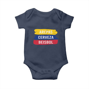 Arepas Cerveza Beisbol Venezuela Things Baby Onesie Funny Latino Food Beer and Baseball Pride TS02 Navy Print Your Wear