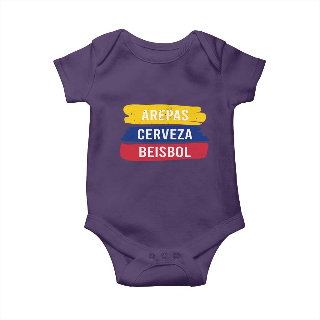 Arepas Cerveza Beisbol Venezuela Things Baby Onesie Funny Latino Food Beer and Baseball Pride TS02 Purple Print Your Wear