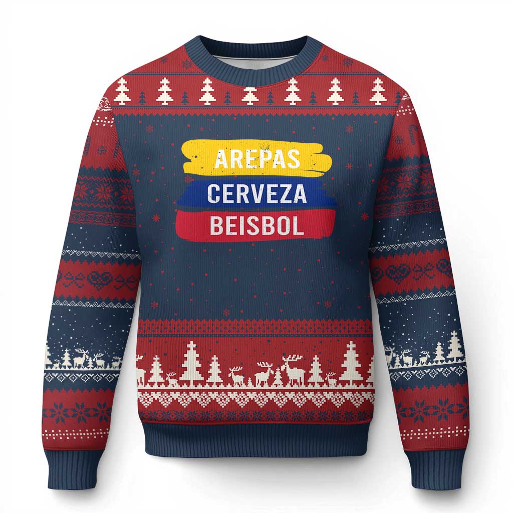 Arepas Cerveza Beisbol Venezuela Things Ugly Christmas Sweater Funny Latino Food Beer and Baseball Pride TS02 Navy Red Print Your Wear