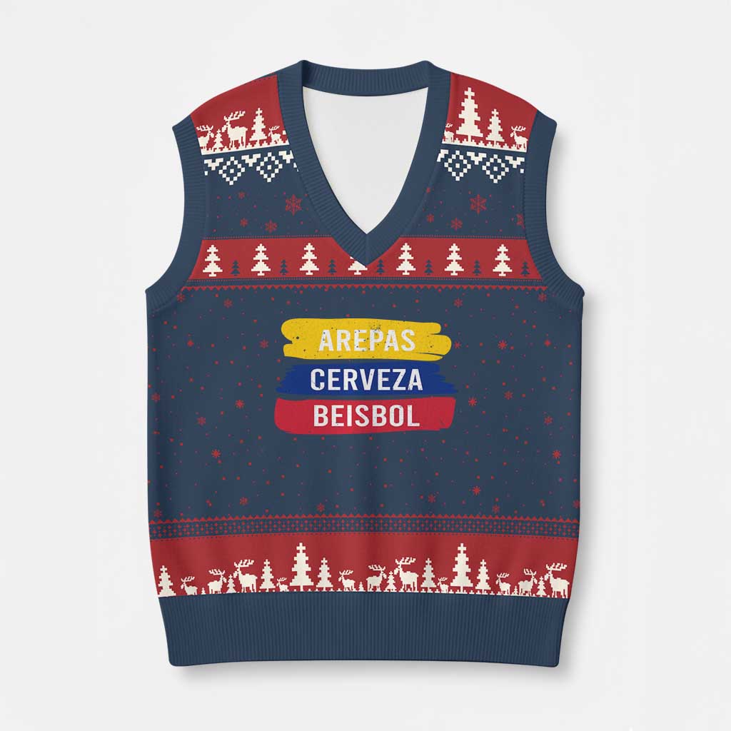 Arepas Cerveza Beisbol Venezuela Things V-Neck Knit Sweater Vest Funny Latino Food Beer and Baseball Pride TS02 Navy Red Print Your Wear
