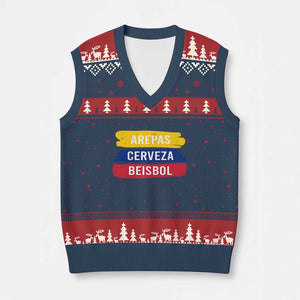 Arepas Cerveza Beisbol Venezuela Things V-Neck Knit Sweater Vest Funny Latino Food Beer and Baseball Pride TS02 Navy Red Print Your Wear