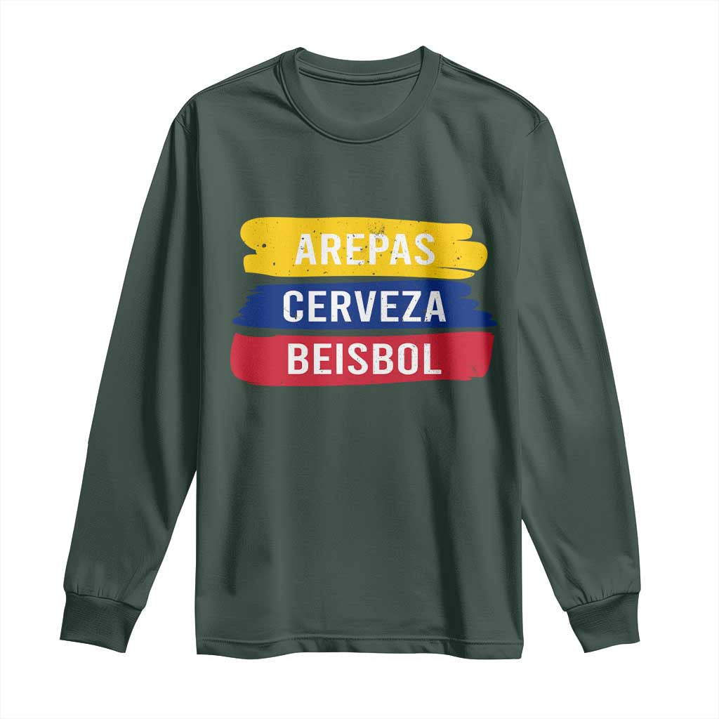 Arepas Cerveza Beisbol Venezuela Things Long Sleeve Shirt Funny Latino Food Beer and Baseball Pride TS02 Dark Forest Green Print Your Wear