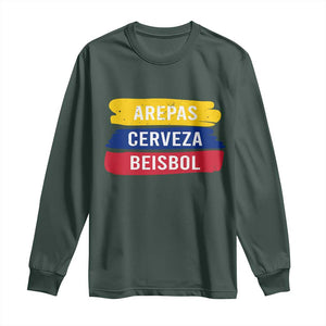 Arepas Cerveza Beisbol Venezuela Things Long Sleeve Shirt Funny Latino Food Beer and Baseball Pride TS02 Dark Forest Green Print Your Wear