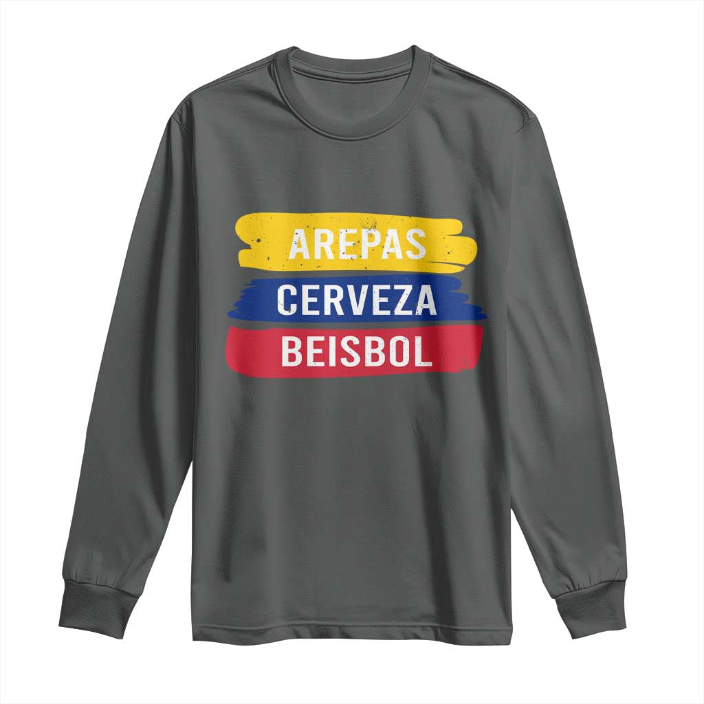 Arepas Cerveza Beisbol Venezuela Things Long Sleeve Shirt Funny Latino Food Beer and Baseball Pride TS02 Dark Heather Print Your Wear