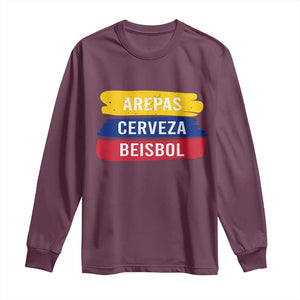 Arepas Cerveza Beisbol Venezuela Things Long Sleeve Shirt Funny Latino Food Beer and Baseball Pride TS02 Maroon Print Your Wear