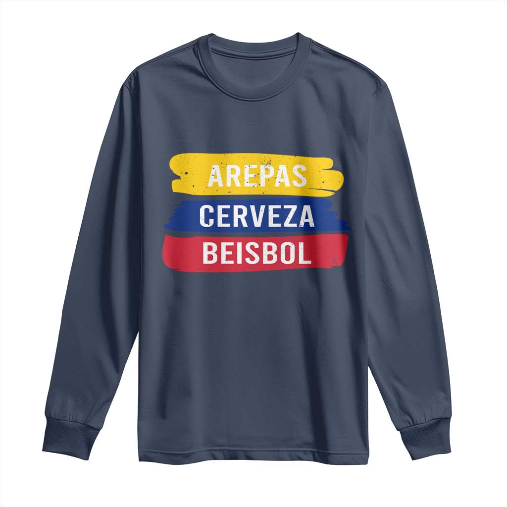 Arepas Cerveza Beisbol Venezuela Things Long Sleeve Shirt Funny Latino Food Beer and Baseball Pride TS02 Navy Print Your Wear
