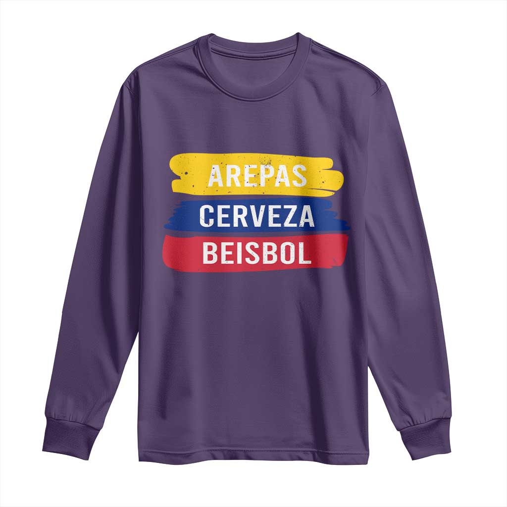 Arepas Cerveza Beisbol Venezuela Things Long Sleeve Shirt Funny Latino Food Beer and Baseball Pride TS02 Purple Print Your Wear