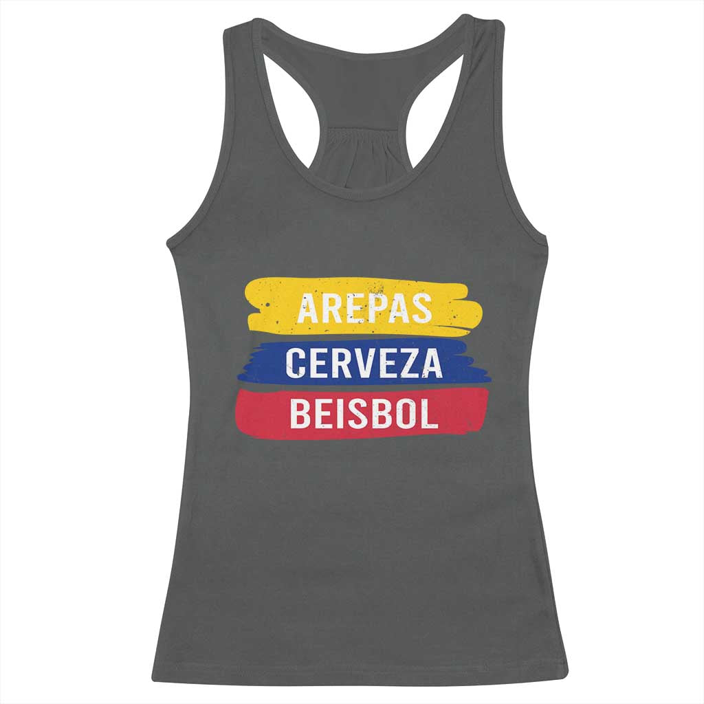 Arepas Cerveza Beisbol Venezuela Things Racerback Tank Top Funny Latino Food Beer and Baseball Pride TS02 Dark Heather Print Your Wear