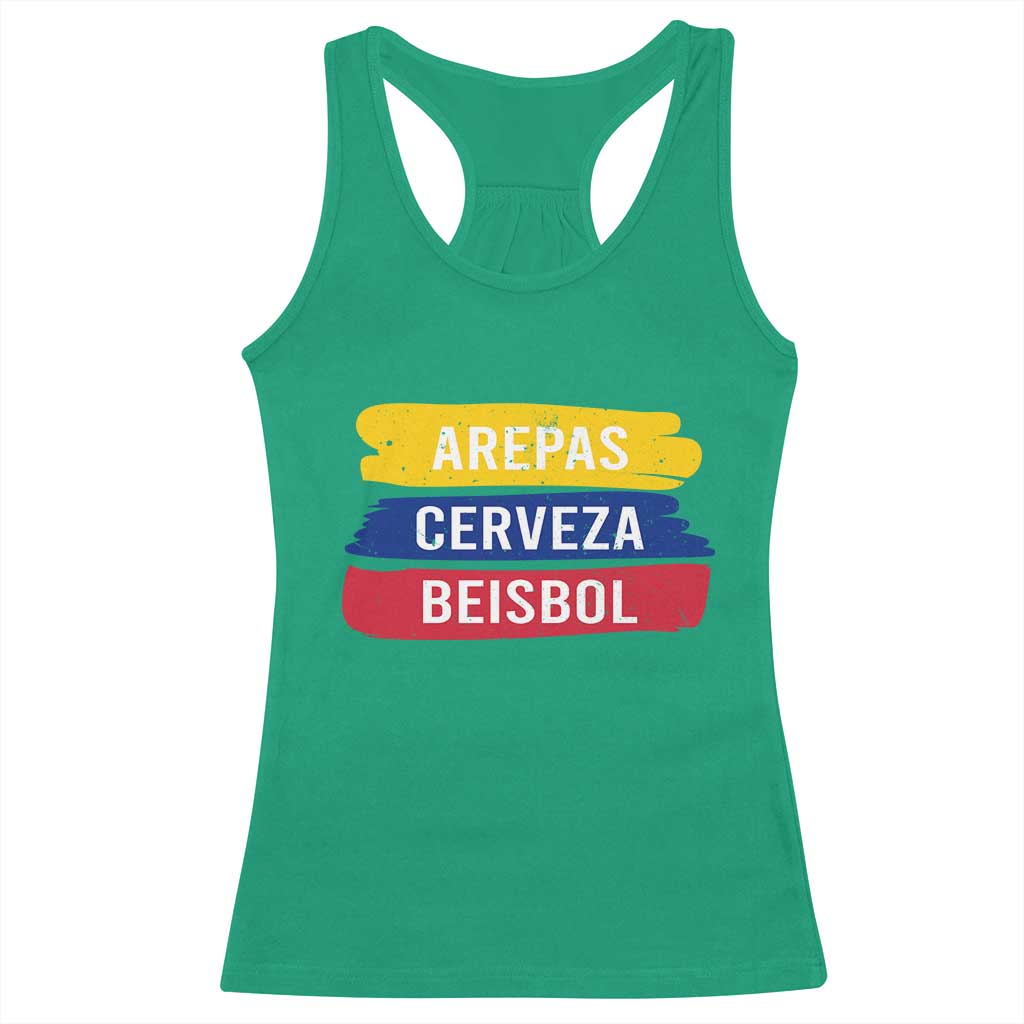 Arepas Cerveza Beisbol Venezuela Things Racerback Tank Top Funny Latino Food Beer and Baseball Pride TS02 Irish Green Print Your Wear