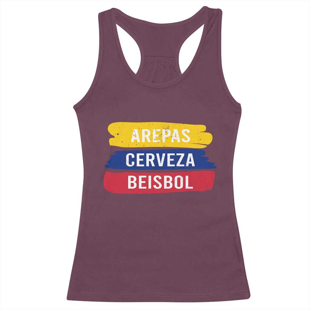 Arepas Cerveza Beisbol Venezuela Things Racerback Tank Top Funny Latino Food Beer and Baseball Pride TS02 Maroon Print Your Wear