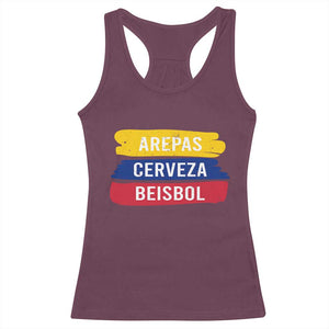 Arepas Cerveza Beisbol Venezuela Things Racerback Tank Top Funny Latino Food Beer and Baseball Pride TS02 Maroon Print Your Wear