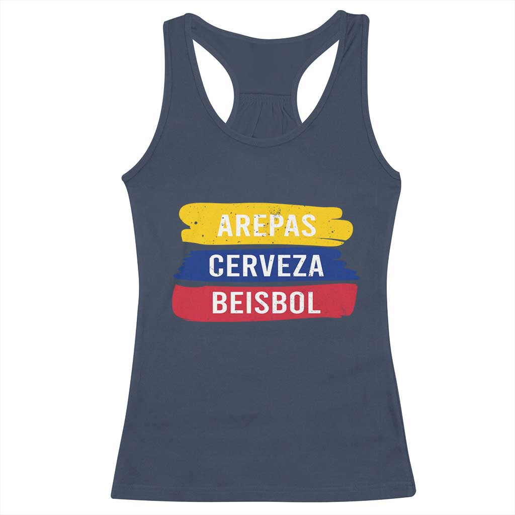 Arepas Cerveza Beisbol Venezuela Things Racerback Tank Top Funny Latino Food Beer and Baseball Pride TS02 Navy Print Your Wear