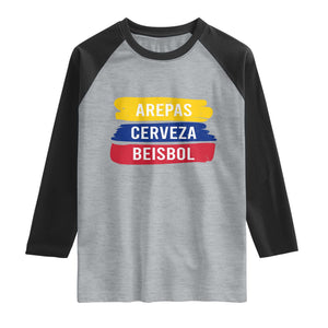 Arepas Cerveza Beisbol Venezuela Things Raglan Shirt Funny Latino Food Beer and Baseball Pride TS02 Heather Gray Black Print Your Wear