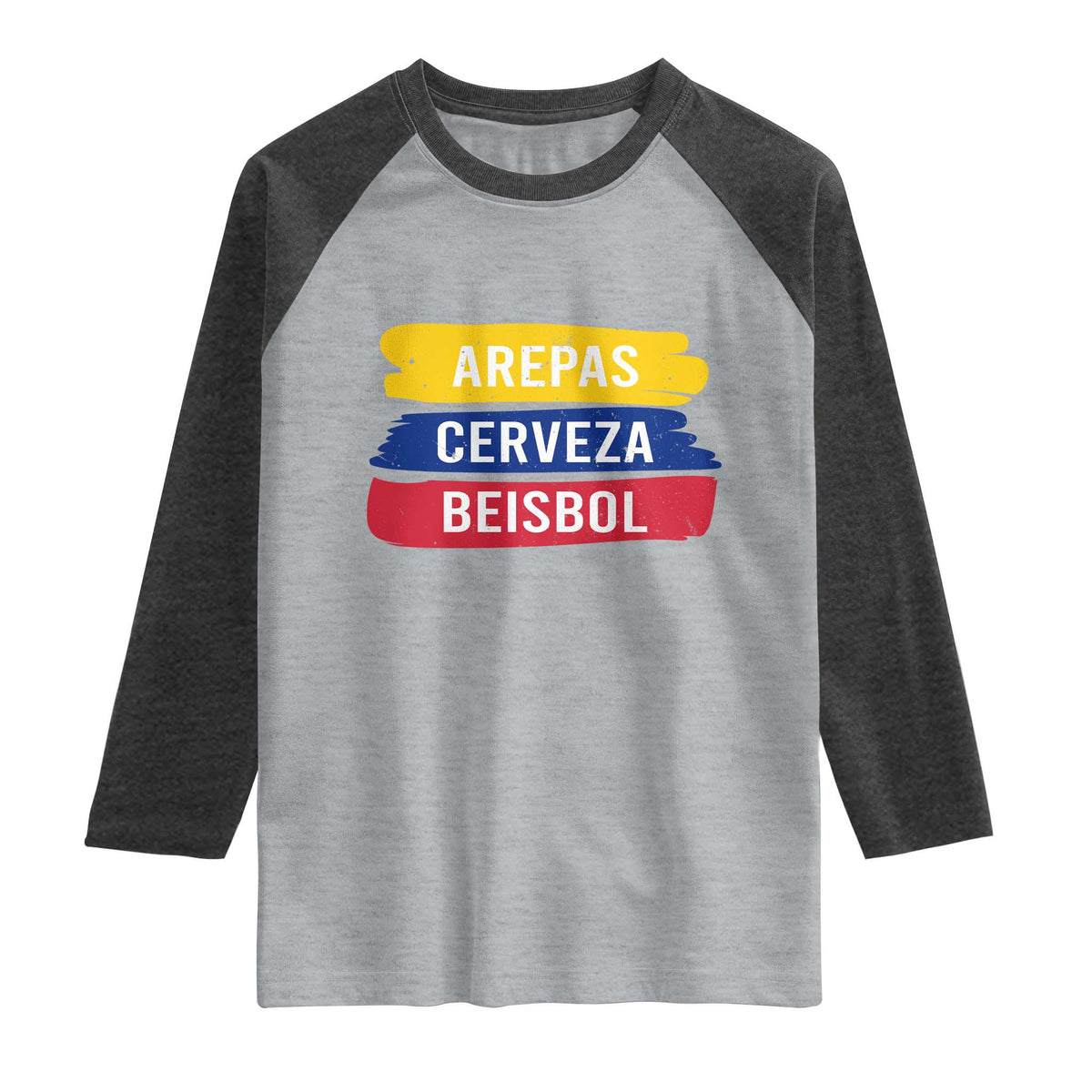 Arepas Cerveza Beisbol Venezuela Things Raglan Shirt Funny Latino Food Beer and Baseball Pride TS02 Heather Gray Heather Charcoal Print Your Wear