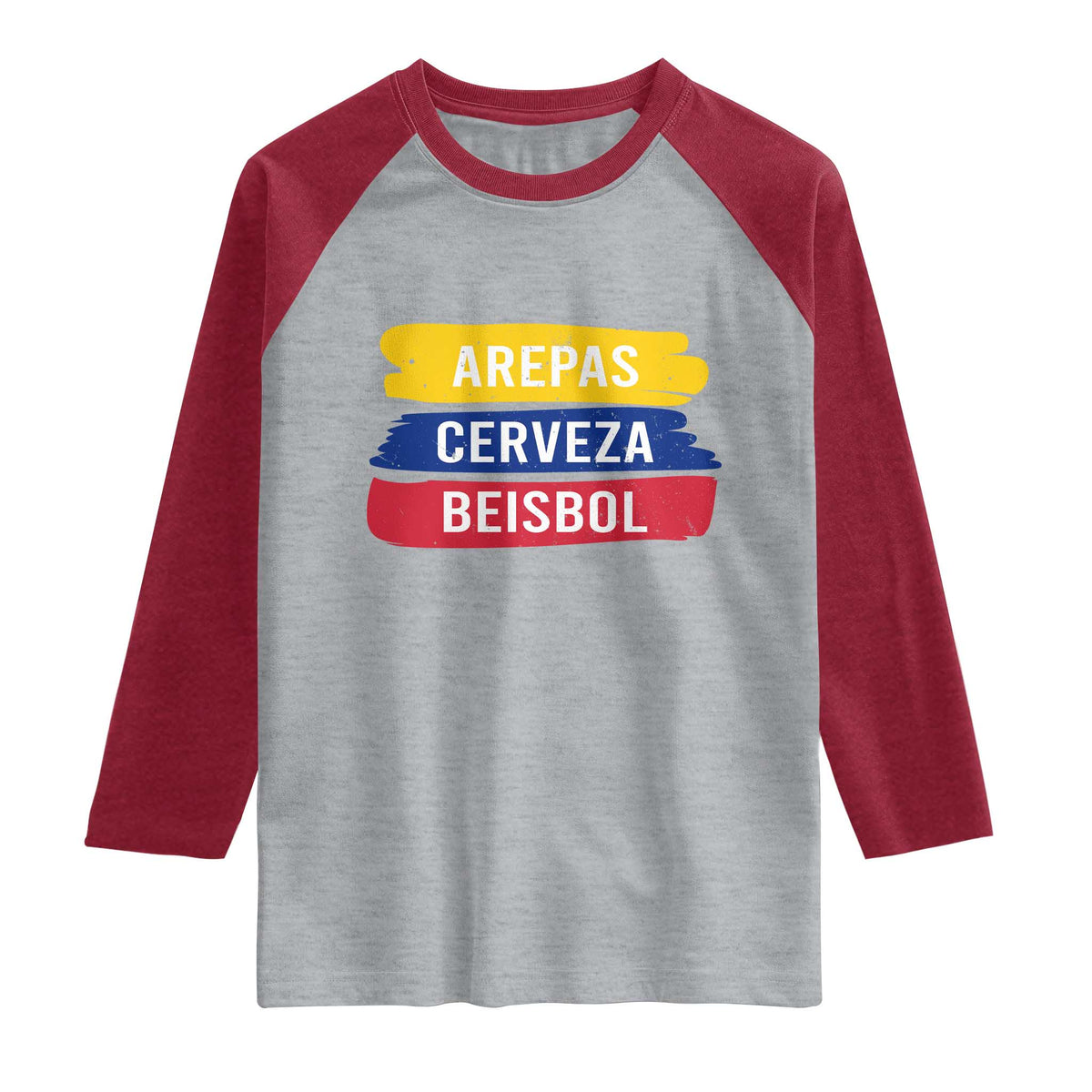 Arepas Cerveza Beisbol Venezuela Things Raglan Shirt Funny Latino Food Beer and Baseball Pride TS02 Heather Gray Heather Red Print Your Wear