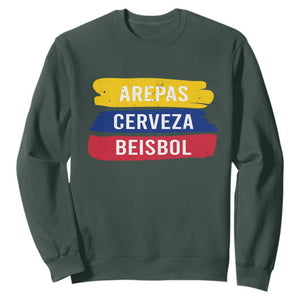 Arepas Cerveza Beisbol Venezuela Things Sweatshirt Funny Latino Food Beer and Baseball Pride TS02 Dark Forest Green Print Your Wear