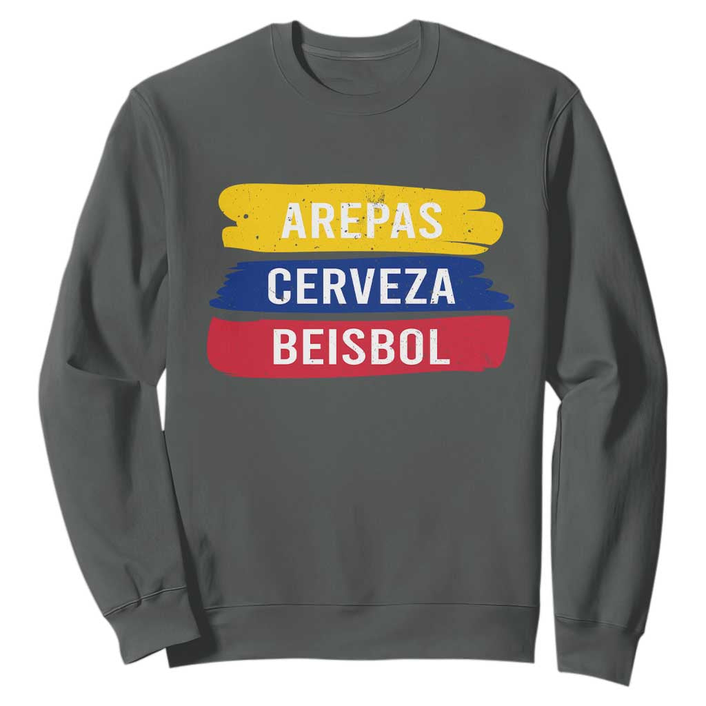 Arepas Cerveza Beisbol Venezuela Things Sweatshirt Funny Latino Food Beer and Baseball Pride TS02 Dark Heather Print Your Wear