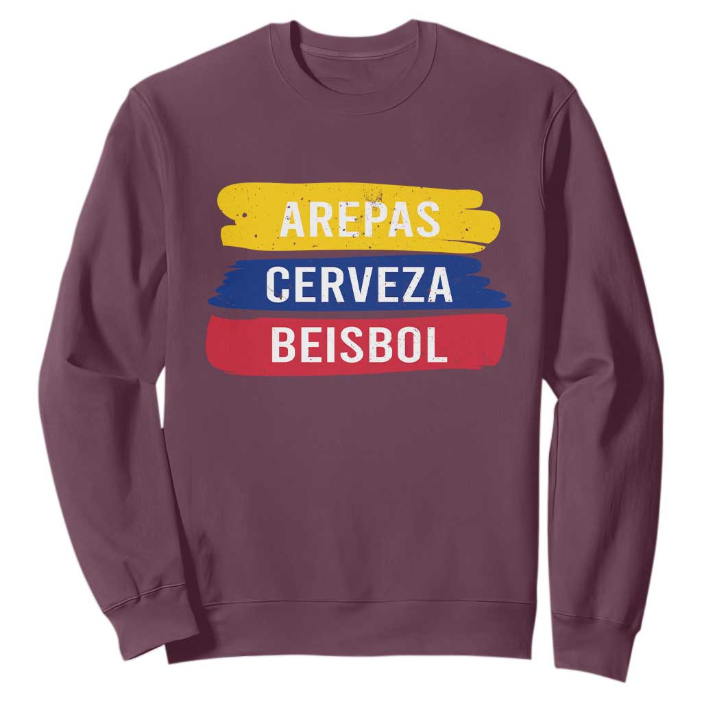 Arepas Cerveza Beisbol Venezuela Things Sweatshirt Funny Latino Food Beer and Baseball Pride TS02 Maroon Print Your Wear