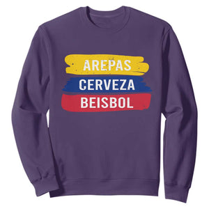 Arepas Cerveza Beisbol Venezuela Things Sweatshirt Funny Latino Food Beer and Baseball Pride TS02 Purple Print Your Wear