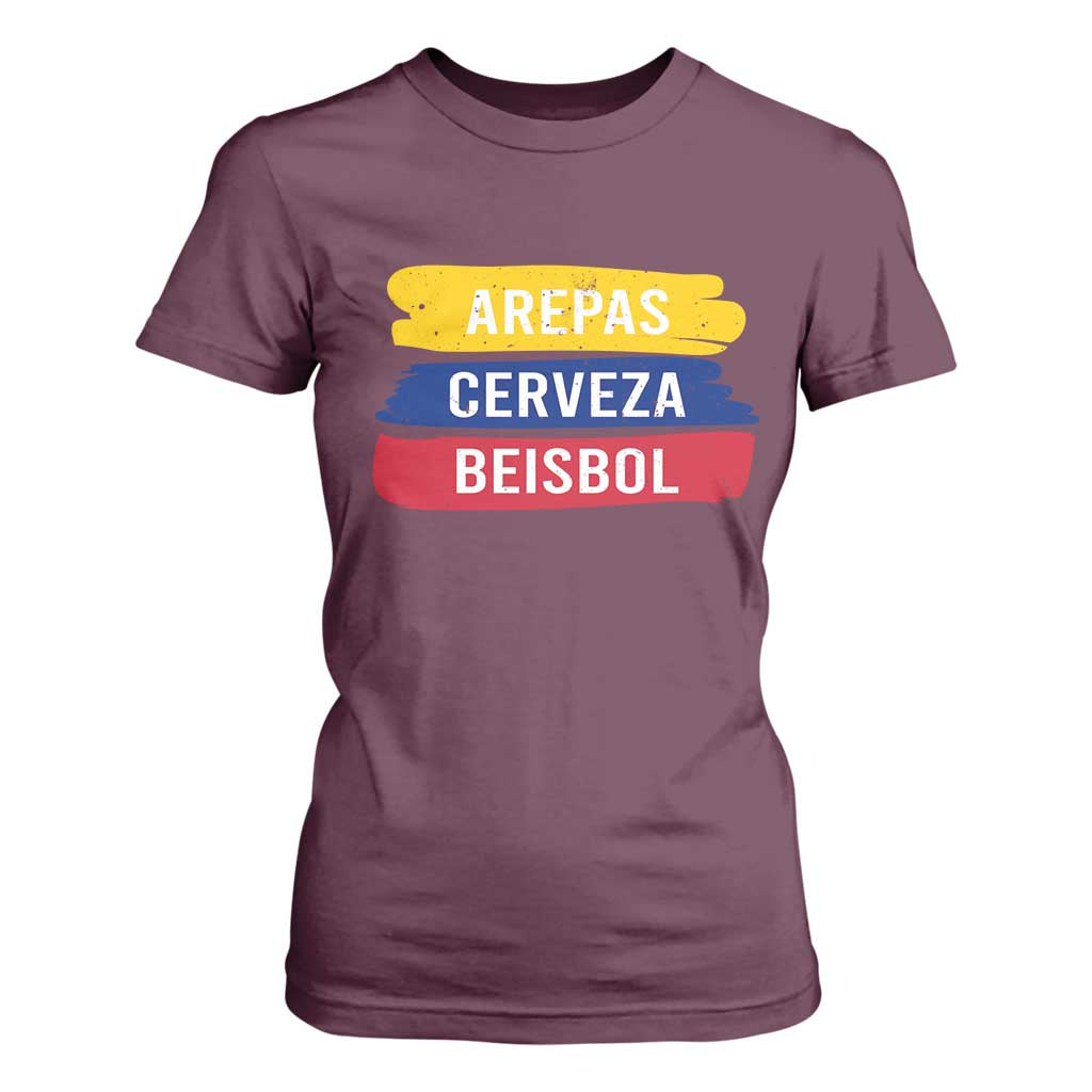 Arepas Cerveza Beisbol Venezuela Things T Shirt For Women Funny Latino Food Beer and Baseball Pride TS02 Maroon Print Your Wear