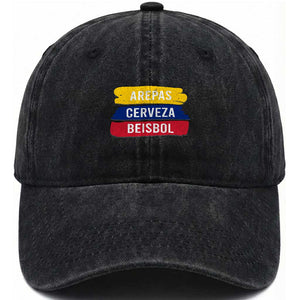 Arepas Cerveza Beisbol Venezuela Things Washed Cotton Baseball Cap Funny Latino Food Beer and Baseball Pride TS02 Print Your Wear