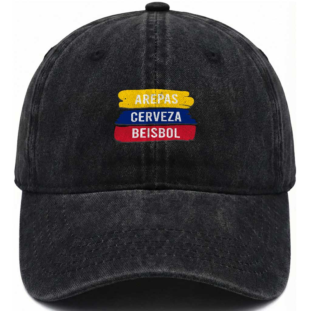 Arepas Cerveza Beisbol Venezuela Things Washed Cotton Baseball Cap Funny Latino Food Beer and Baseball Pride TS02 Print Your Wear