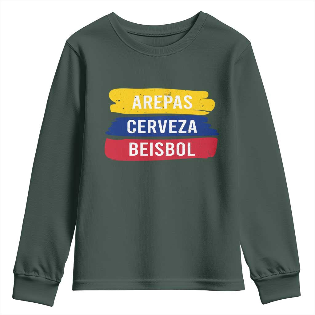 Arepas Cerveza Beisbol Venezuela Things Youth Sweatshirt Funny Latino Food Beer and Baseball Pride TS02 Dark Forest Green Print Your Wear
