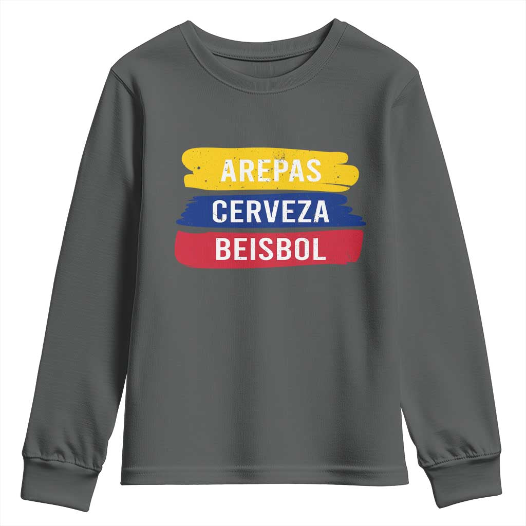 Arepas Cerveza Beisbol Venezuela Things Youth Sweatshirt Funny Latino Food Beer and Baseball Pride TS02 Dark Heather Print Your Wear