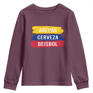 Arepas Cerveza Beisbol Venezuela Things Youth Sweatshirt Funny Latino Food Beer and Baseball Pride TS02 Maroon Print Your Wear