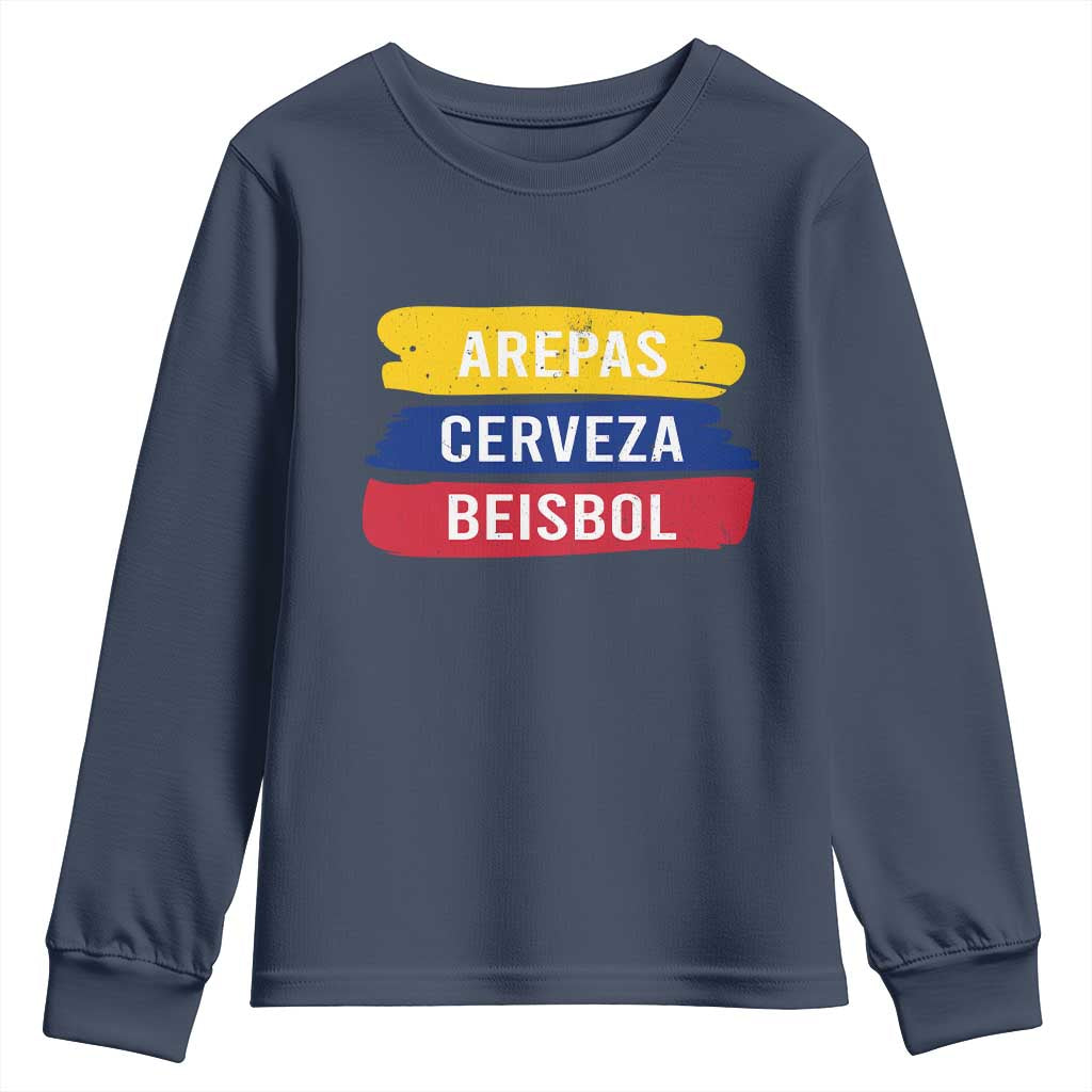 Arepas Cerveza Beisbol Venezuela Things Youth Sweatshirt Funny Latino Food Beer and Baseball Pride TS02 Navy Print Your Wear