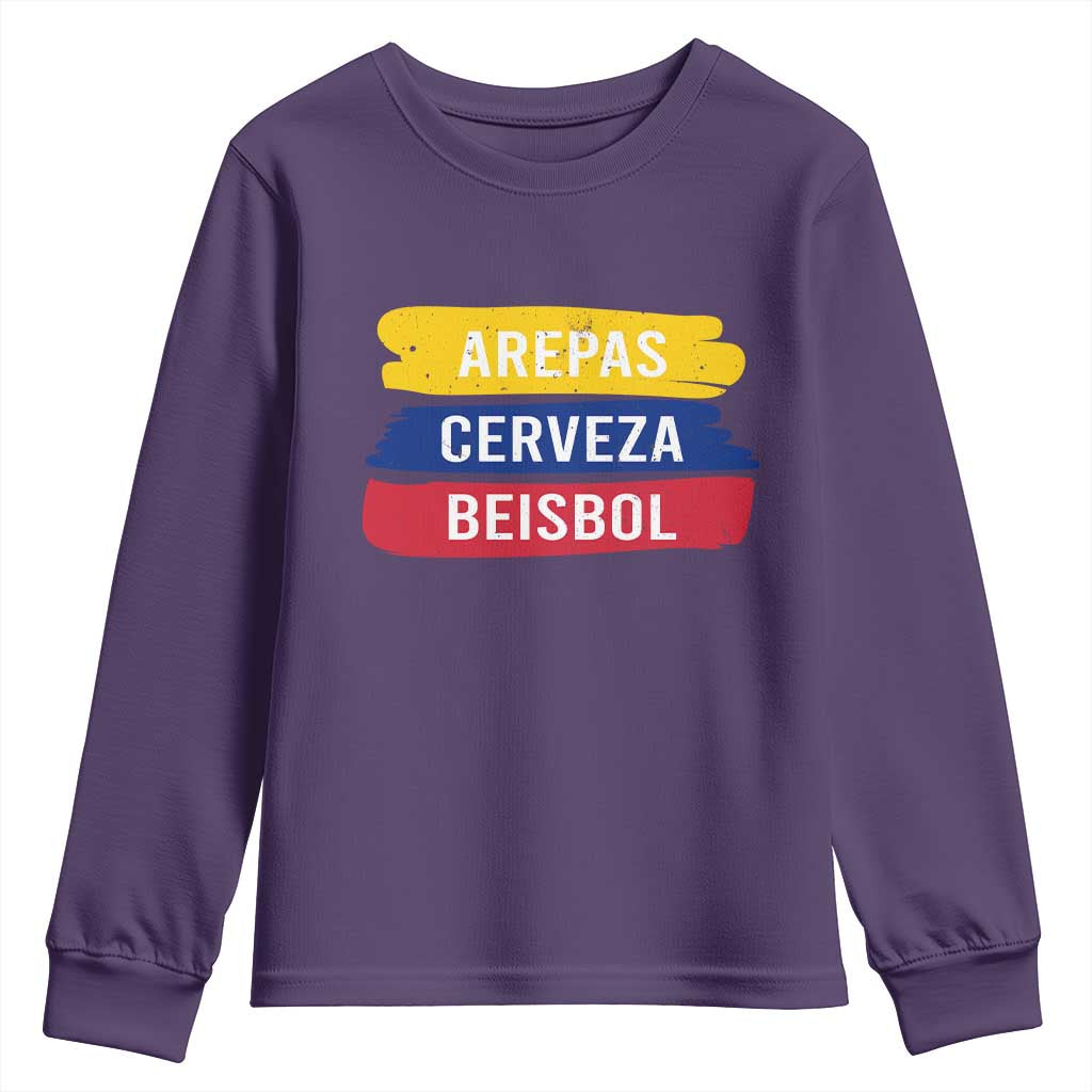 Arepas Cerveza Beisbol Venezuela Things Youth Sweatshirt Funny Latino Food Beer and Baseball Pride TS02 Purple Print Your Wear
