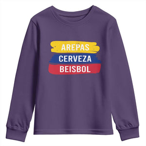 Arepas Cerveza Beisbol Venezuela Things Youth Sweatshirt Funny Latino Food Beer and Baseball Pride TS02 Purple Print Your Wear