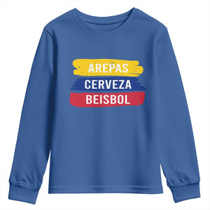 Arepas Cerveza Beisbol Venezuela Things Youth Sweatshirt Funny Latino Food Beer and Baseball Pride TS02 Royal Blue Print Your Wear