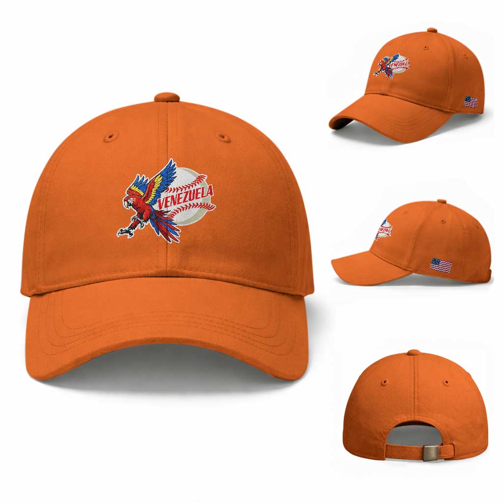 Venezuela Baseball Flying Scarlet Macaw and Ball Baseball Cap Ara Macao Guacamaya Venezuelan Pride TS02 Baseball Cap Universal Fit Orange Print Your Wear