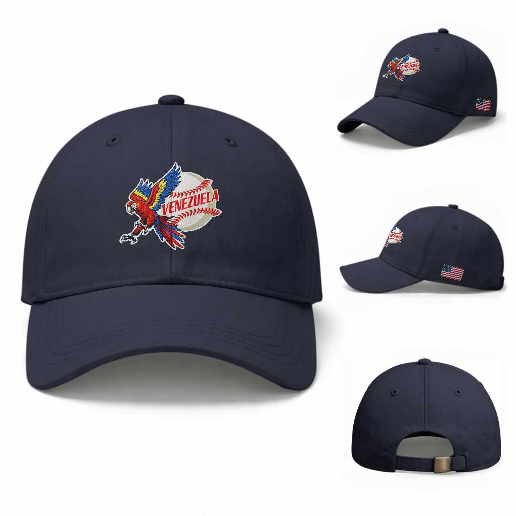 Venezuela Baseball Flying Scarlet Macaw and Ball Baseball Cap Ara Macao Guacamaya Venezuelan Pride TS02 Baseball Cap Universal Fit Dark Blue Print Your Wear