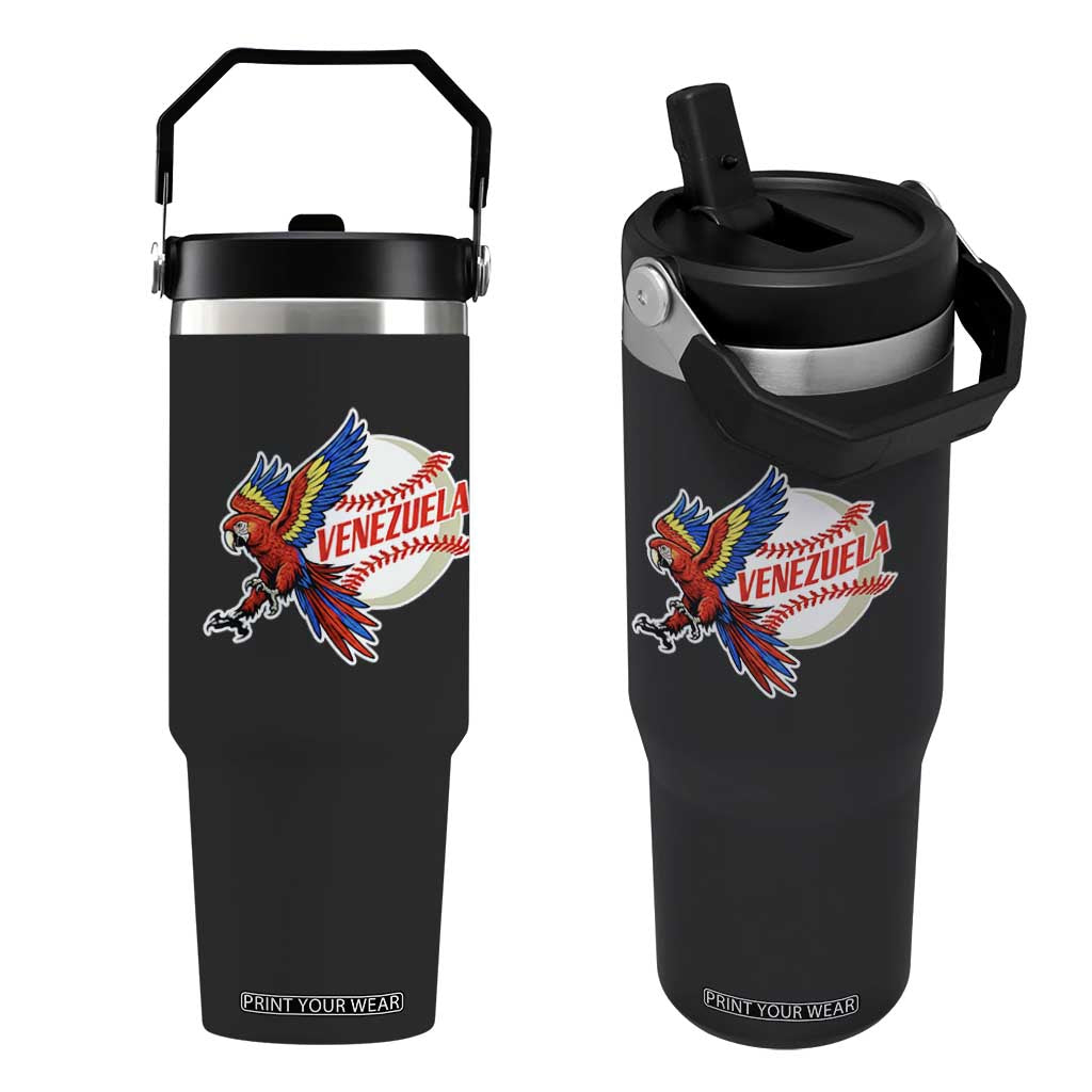 Venezuela Baseball Flying Scarlet Macaw and Ball Flip Straw Tumbler Ara Macao Guacamaya Venezuelan Pride TS02 One Size: 30 oz Black Print Your Wear