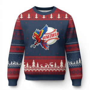 Venezuela Baseball Flying Scarlet Macaw and Ball Ugly Christmas Sweater Ara Macao Guacamaya Venezuelan Pride TS02 Navy Red Print Your Wear