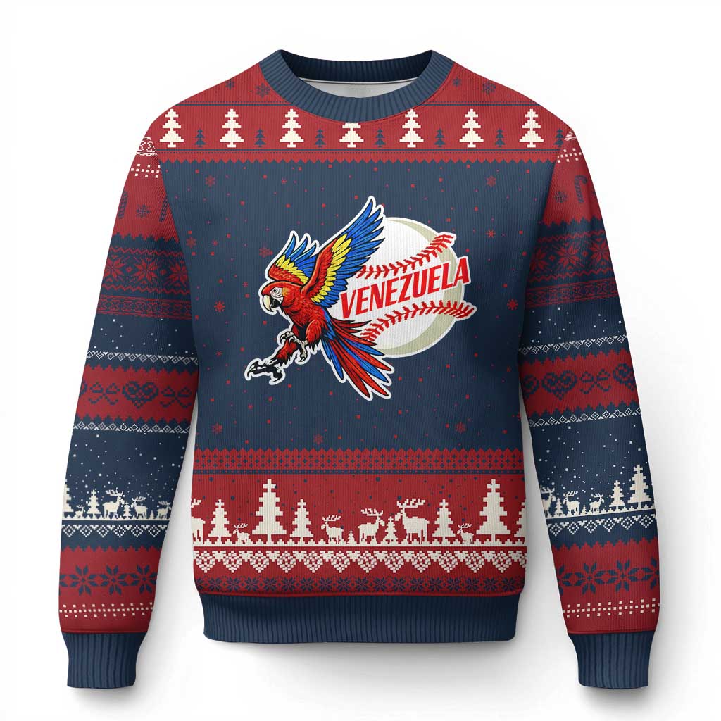 Venezuela Baseball Flying Scarlet Macaw and Ball Ugly Christmas Sweater Ara Macao Guacamaya Venezuelan Pride TS02 Navy Red Print Your Wear