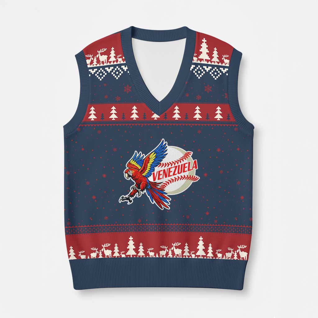 Venezuela Baseball Flying Scarlet Macaw and Ball V-Neck Knit Sweater Vest Ara Macao Guacamaya Venezuelan Pride TS02 Navy Red Print Your Wear