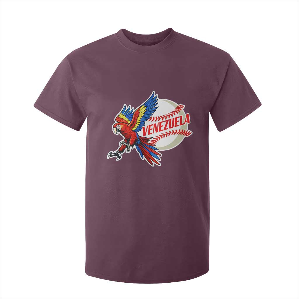 Venezuela Baseball Flying Scarlet Macaw and Ball T Shirt For Kid Ara Macao Guacamaya Venezuelan Pride TS02 Maroon Print Your Wear