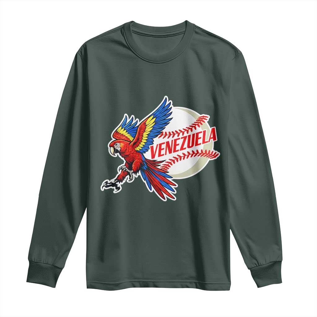 Venezuela Baseball Flying Scarlet Macaw and Ball Long Sleeve Shirt Ara Macao Guacamaya Venezuelan Pride TS02 Dark Forest Green Print Your Wear