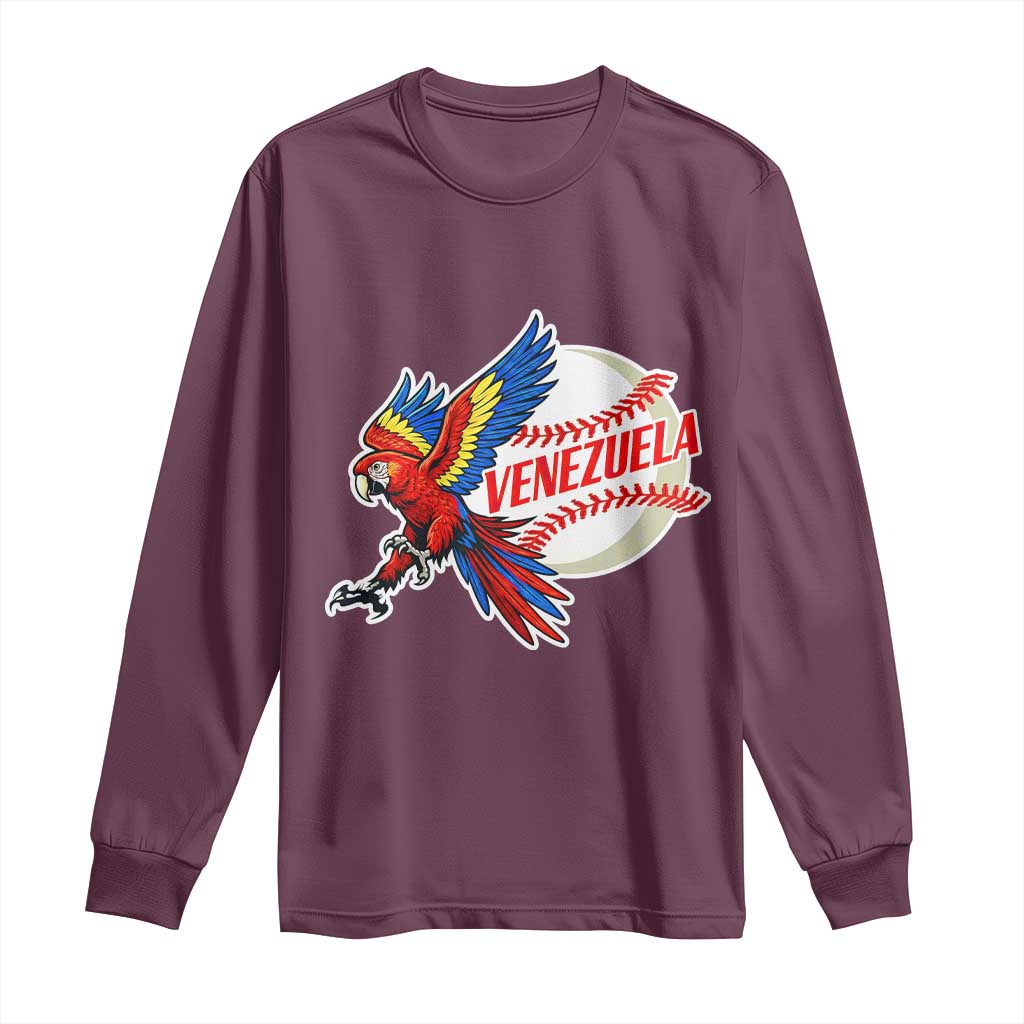 Venezuela Baseball Flying Scarlet Macaw and Ball Long Sleeve Shirt Ara Macao Guacamaya Venezuelan Pride TS02 Maroon Print Your Wear