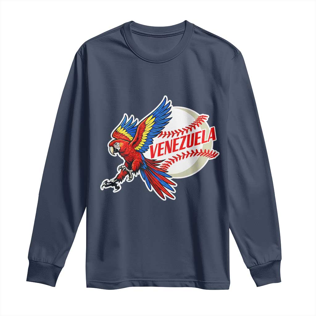 Venezuela Baseball Flying Scarlet Macaw and Ball Long Sleeve Shirt Ara Macao Guacamaya Venezuelan Pride TS02 Navy Print Your Wear
