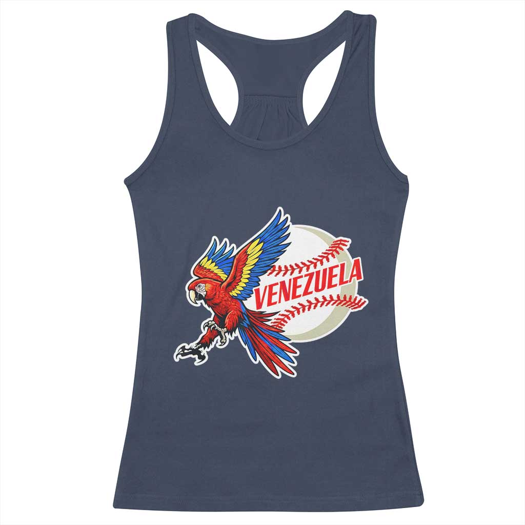 Venezuela Baseball Flying Scarlet Macaw and Ball Racerback Tank Top Ara Macao Guacamaya Venezuelan Pride TS02 Navy Print Your Wear