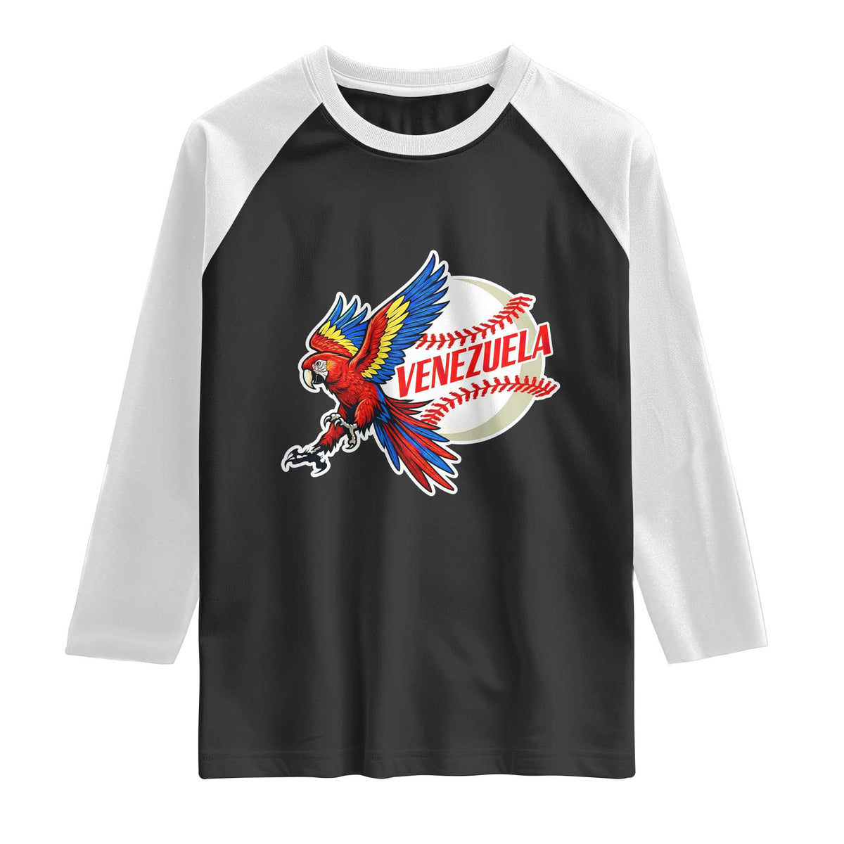 Venezuela Baseball Flying Scarlet Macaw and Ball Raglan Shirt Ara Macao Guacamaya Venezuelan Pride TS02 Black White Print Your Wear