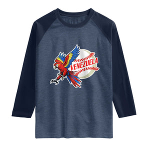 Venezuela Baseball Flying Scarlet Macaw and Ball Raglan Shirt Ara Macao Guacamaya Venezuelan Pride TS02 Heather Denim Navy Print Your Wear