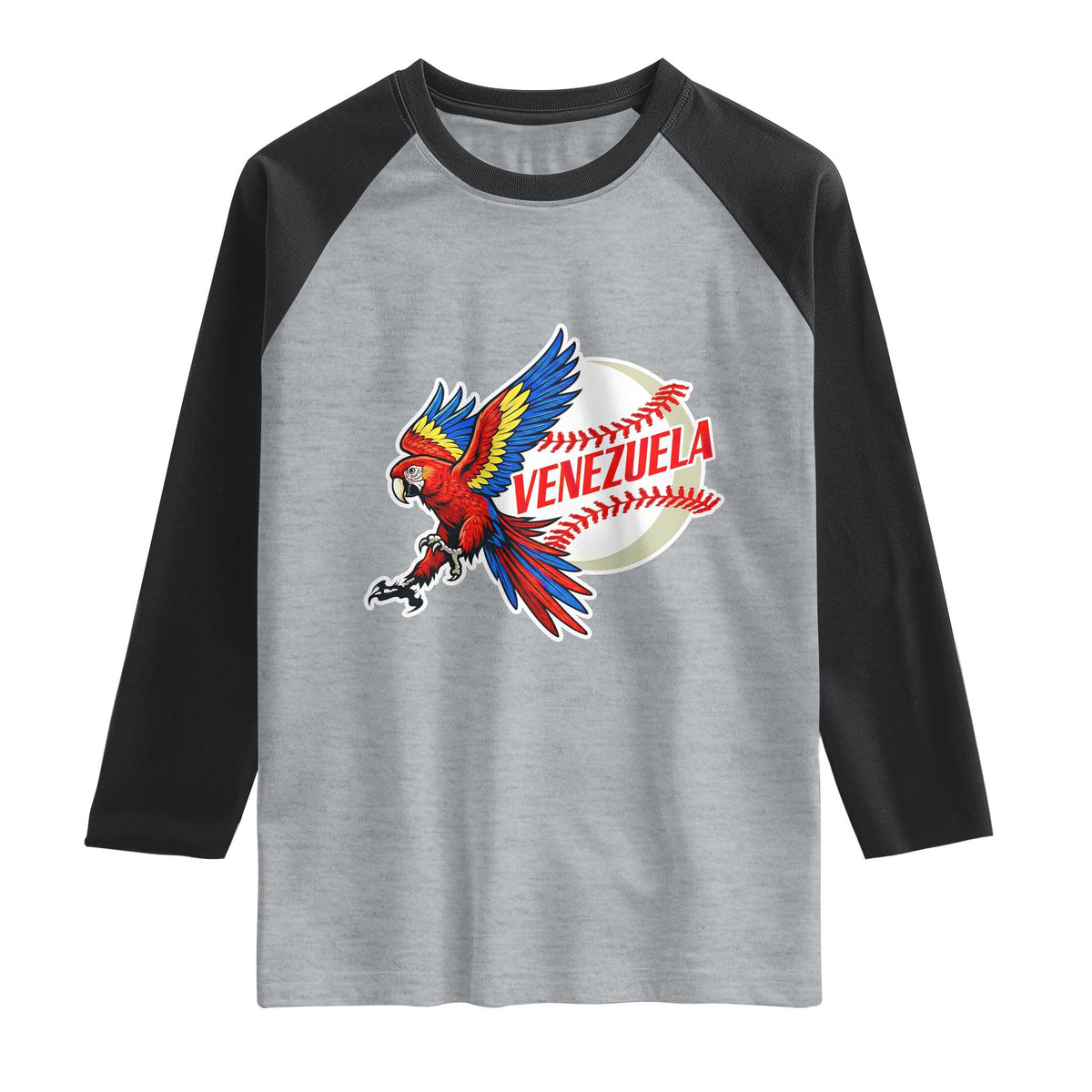 Venezuela Baseball Flying Scarlet Macaw and Ball Raglan Shirt Ara Macao Guacamaya Venezuelan Pride TS02 Heather Gray Black Print Your Wear