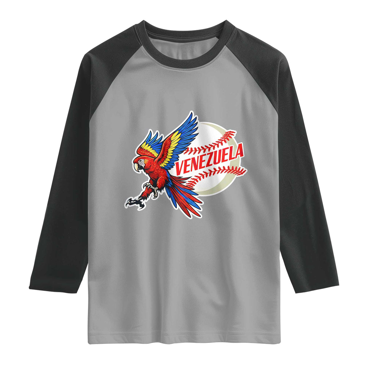Venezuela Baseball Flying Scarlet Macaw and Ball Raglan Shirt Ara Macao Guacamaya Venezuelan Pride TS02 Sport Gray Black Print Your Wear