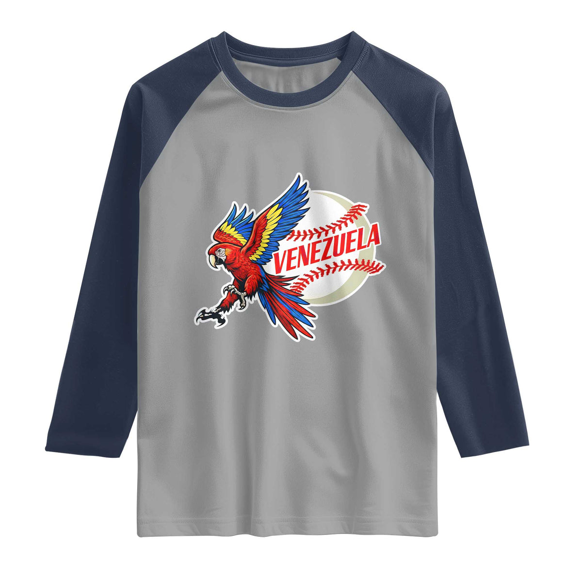 Venezuela Baseball Flying Scarlet Macaw and Ball Raglan Shirt Ara Macao Guacamaya Venezuelan Pride TS02 Sport Gray Navy Print Your Wear
